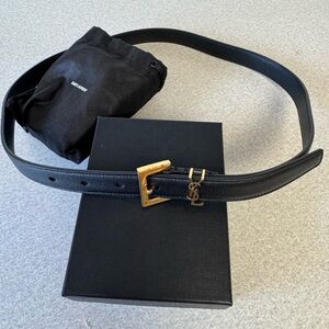 YSL Black Leather Belt with Gold Buckle